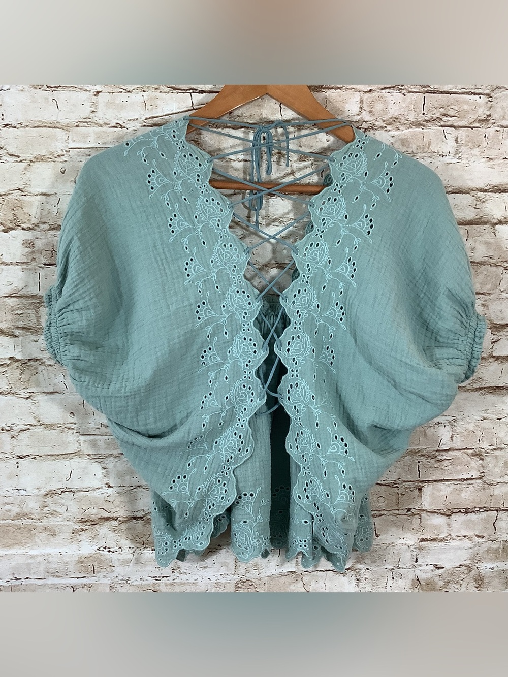 Free People Sage Green Lace-Up Eyelet Crop Top